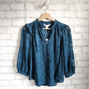 LAUREN CONRAD Teal Floral Textured Ruffle Blouse, XS